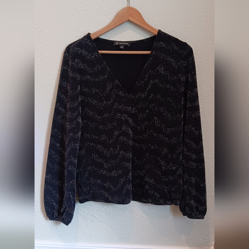 INC International Concepts Black V-Neck Long Sleeve Blouse with Sparkle Detail
